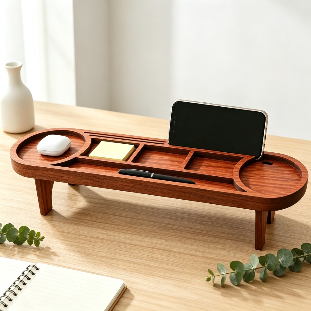 Office Tech Accessories - Houten bureau-organizer met telefoonstandaard Multifunctioneel bureau-opbergrek